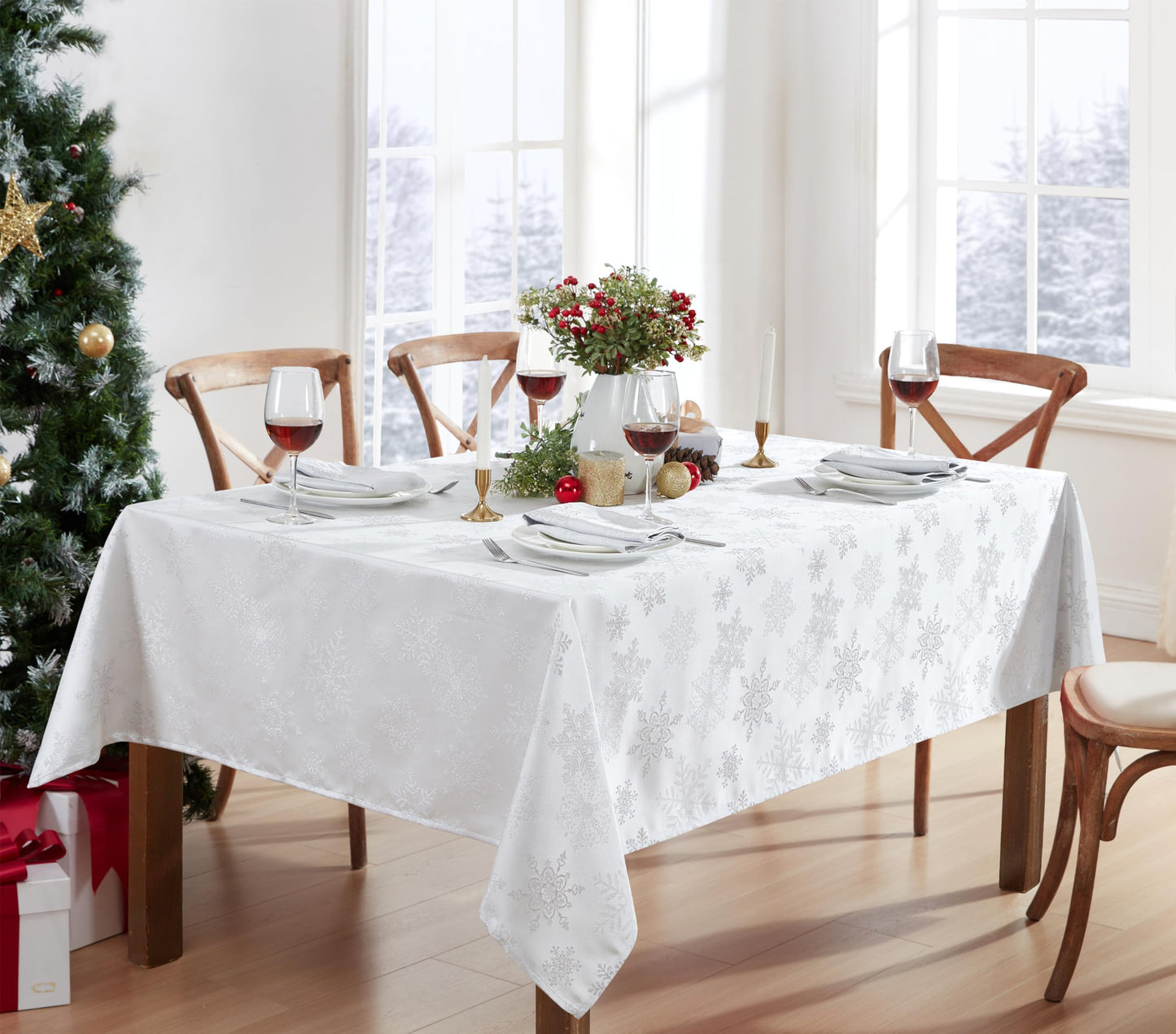 Newbridge Fancy Metallic Snowflake Christmas Fabric Tablecloth, 60 x 84 Inch Rectangle, White Silver, No-Iron Soil Resistant Sparkling Snowflakes Woven Holiday Table Cover