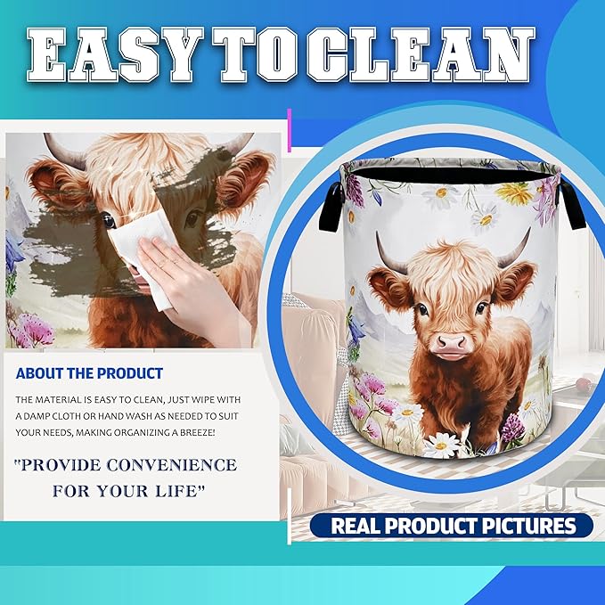 Highland Cow Laundry Basket Oxford Cloth Animal Flowers Laundry Hamper