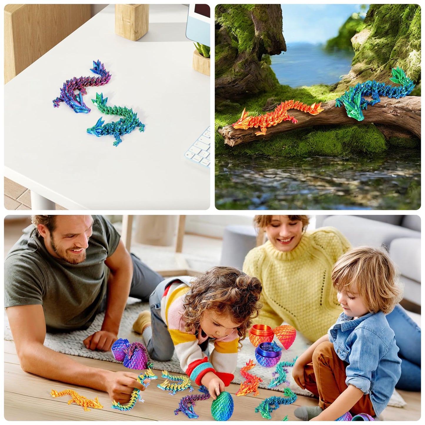 TBOLINE 4PCS 3D Printed Dragon Egg, Articulated Crystal Animals Fidget Toy Kid, Small 3D Printer Dinosaur Dino Eggs Toy Easter Gifts for Kids Boy Girls (4-Piece-C)