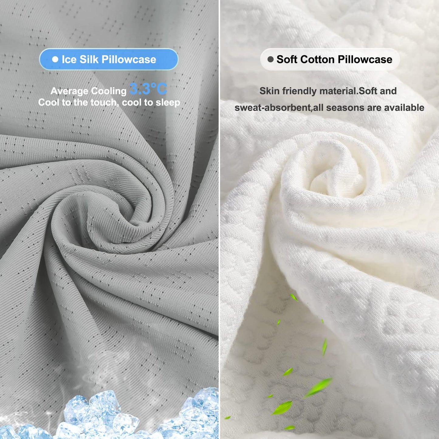 PKBD Memory Foam Pillow with Replacement Pillowcase(Cooling Ice Silk&Cotton),Neck/Shoulder Pain Relief,Ergonomic Orthopedic Cervical Pillow,Bed Pillow for Side,Back,Stomach Sleepers