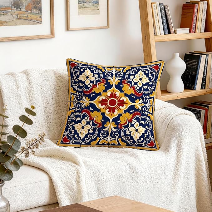 OBSEDE Throw Pillow Covers Set of 4, 18x18 Inch Blue and Yellow Mediterranean