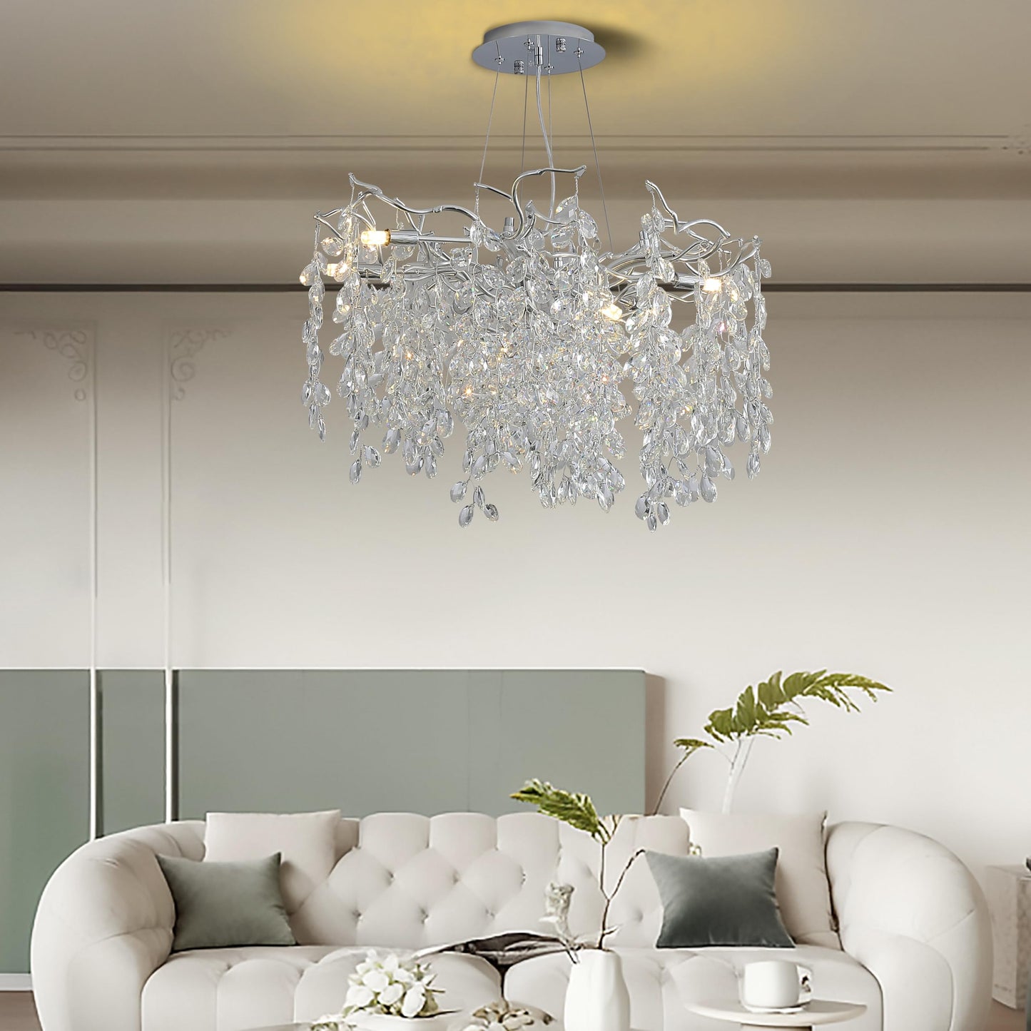 KVTOEP 24 Inch Silver Tree Branch Crystal Chandelier, 6-Light G9 Base K9 Crystal Pendant Light, Adjustable Fixture for Dining Room, Living Room & Staircase