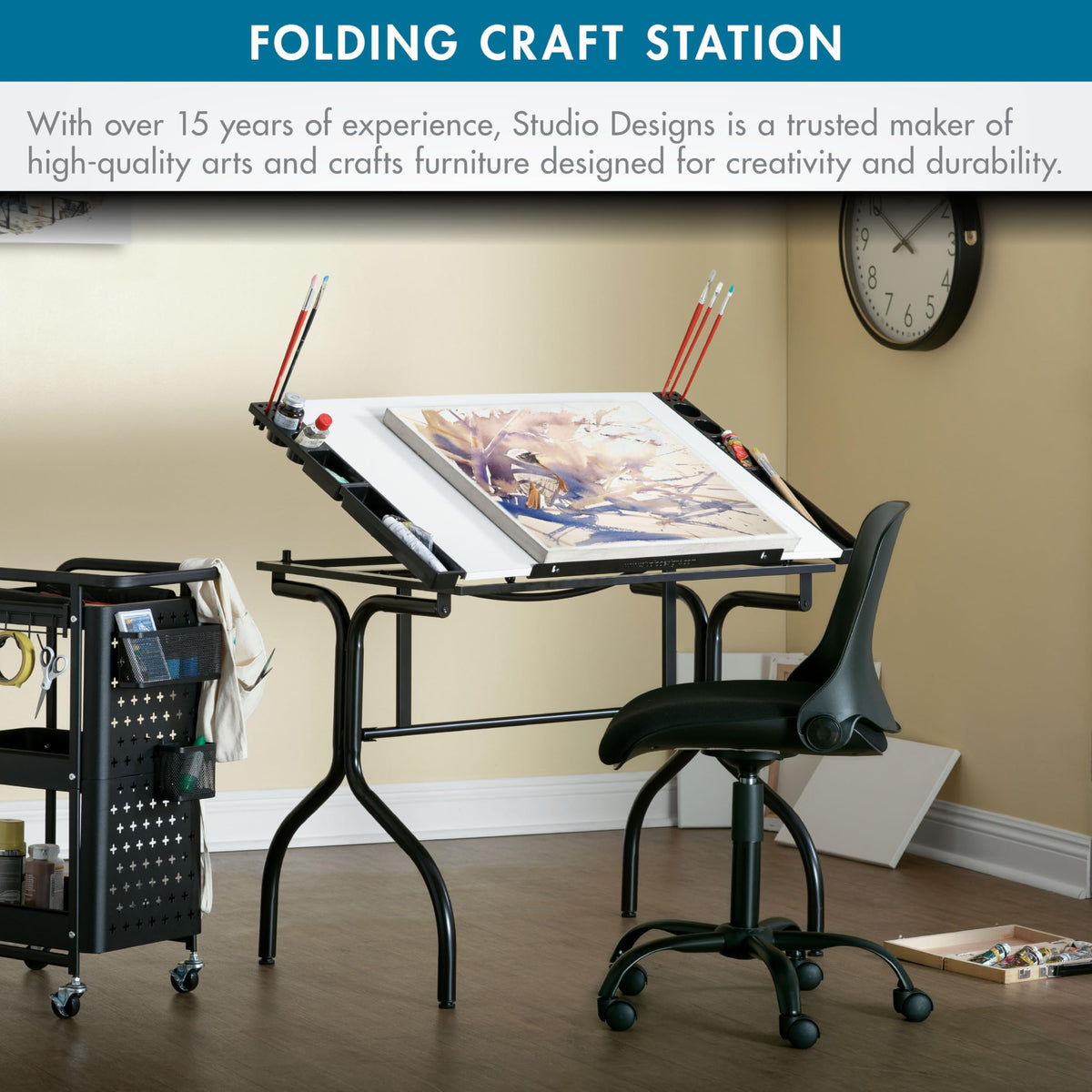 Studio Designs Folding Modern Top Adjustable Craft Drafting Table, 35.25" W x 23.75" D, Black/White