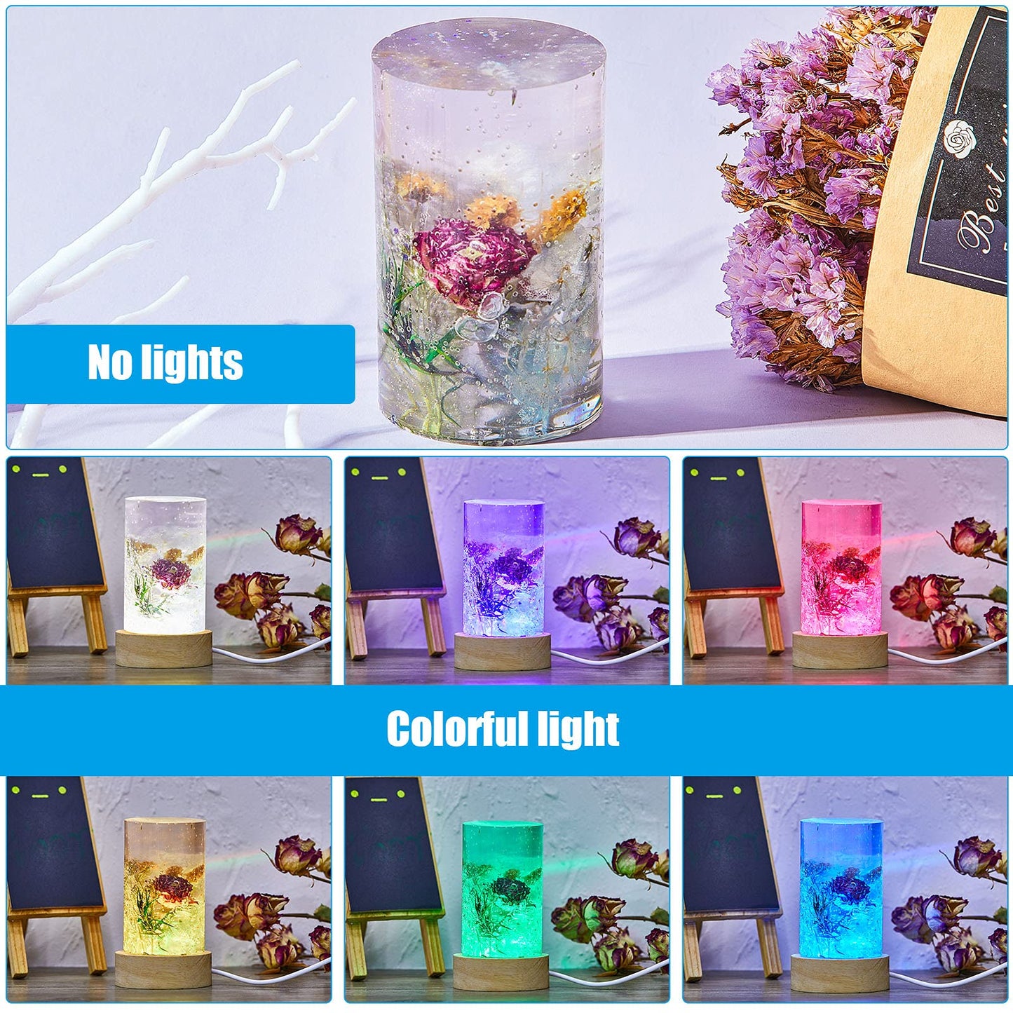 2 Pieces Cylinder Light Resin Silicone Mold Set, Include Cylinder Light Resin Mould and USB Powered Wooden Lighted Base Stand for DIY Desktop Ornaments Table Lamp Table Candle Home Decorations