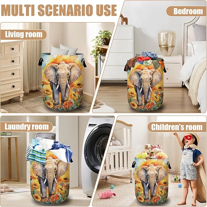 Watercolor Elephant Sunflower Laundry Basket, Foldable Wild Animals Laundry