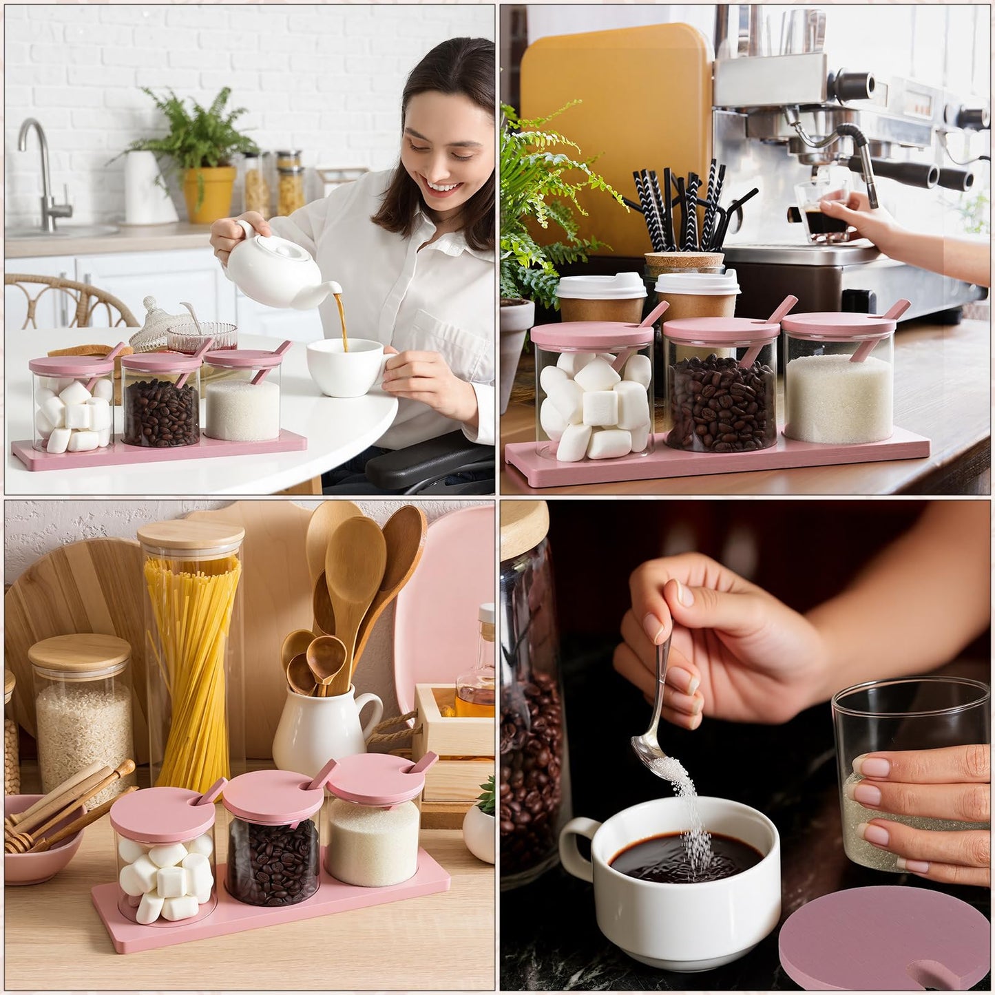 Willinglong 3 Pcs Coffee Bar Accessories Set Glass Condiment Jars with Wooden Lids Spoons, Spice Jar Set with Tray, Sugar Tea Containers for Coffee Station Organizer Kitchen Decoration(Pink)