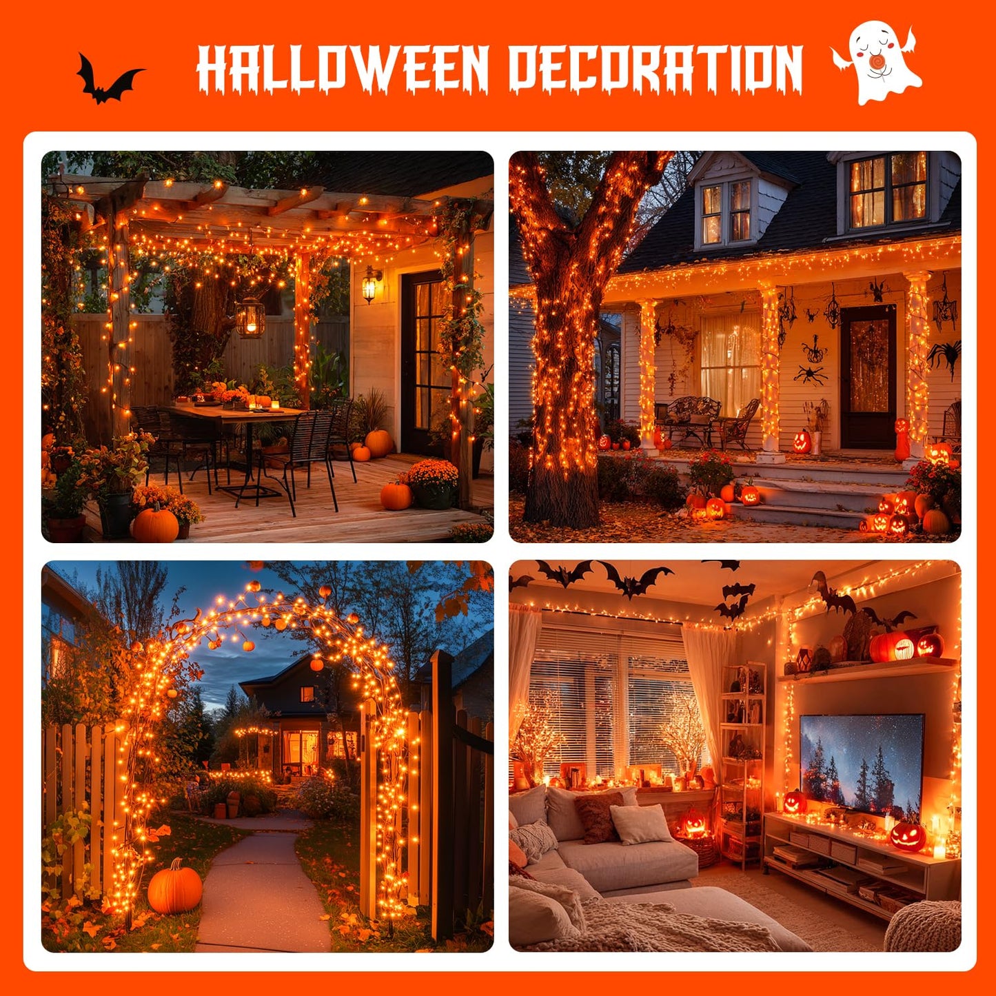 JMEXSUSS Orange Halloween Lights Battery Operated, Each 33 FT String Lights Indoor Outdoor Waterproof, 2 Pack 100 LED Christmas Light for Halloween Tree Thanksgiving Decorations