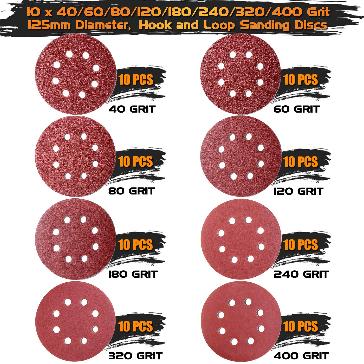 80pcs 125mm Sanding Discs, Hook and Loop 10 x 40/60/80/120/180/240/320/400 Mixed Grit, 8 Hole 5 Inch Round Sanding Discs Pads for Random Orbital Sander by Taspire