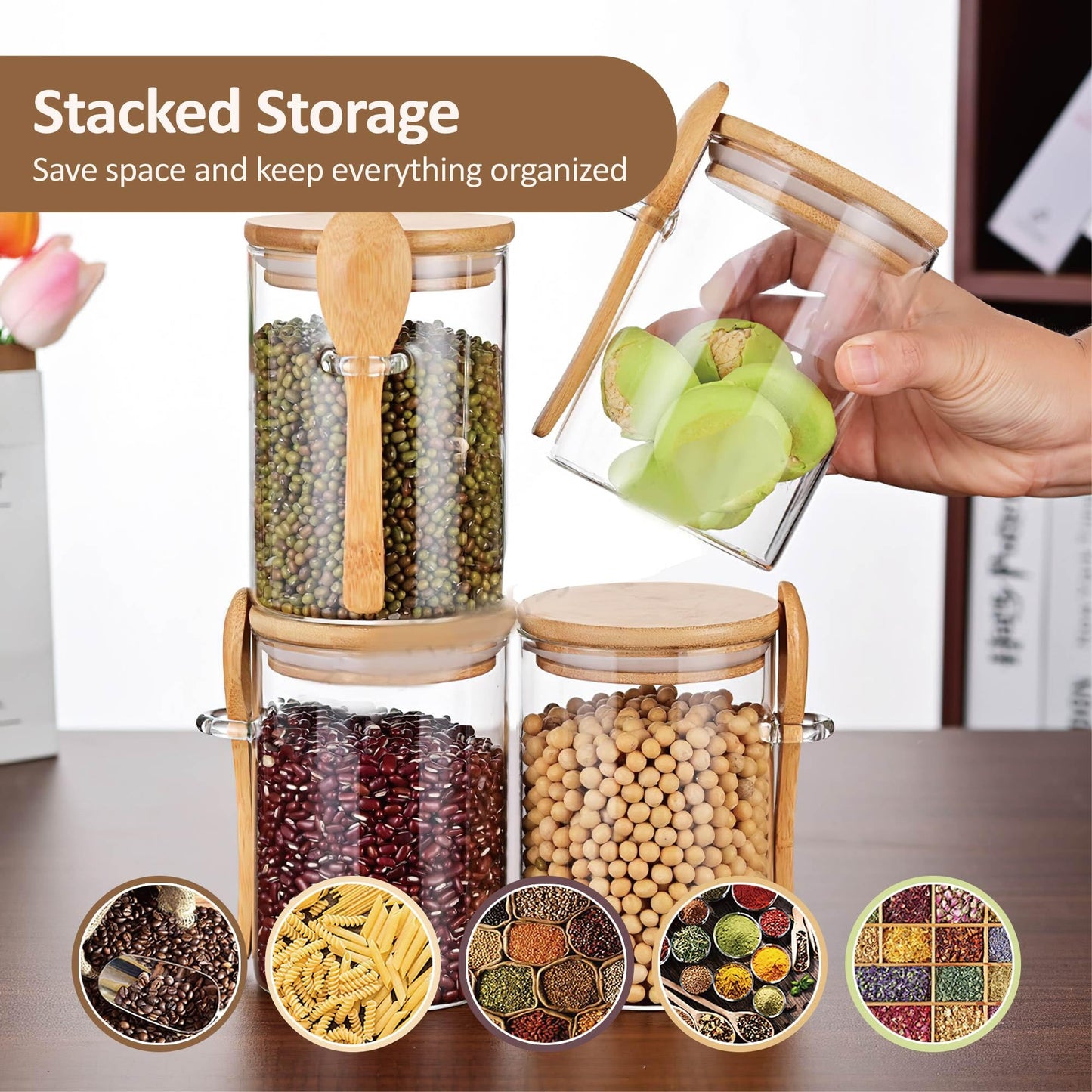 MOLADRI 25 oz/750 ml Glass Storage Canister with with Airtight Lid, Cute Clear Decorative Container Jar with Wooden Spoon for Coffee Spice Candy Salt Cookie Condiment Sugar Matcha Tea Overnight Oats