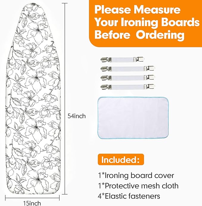 Ironing Board Cover and Pad, 15x54 Standard Size Thick Iron Padding, Scorch &