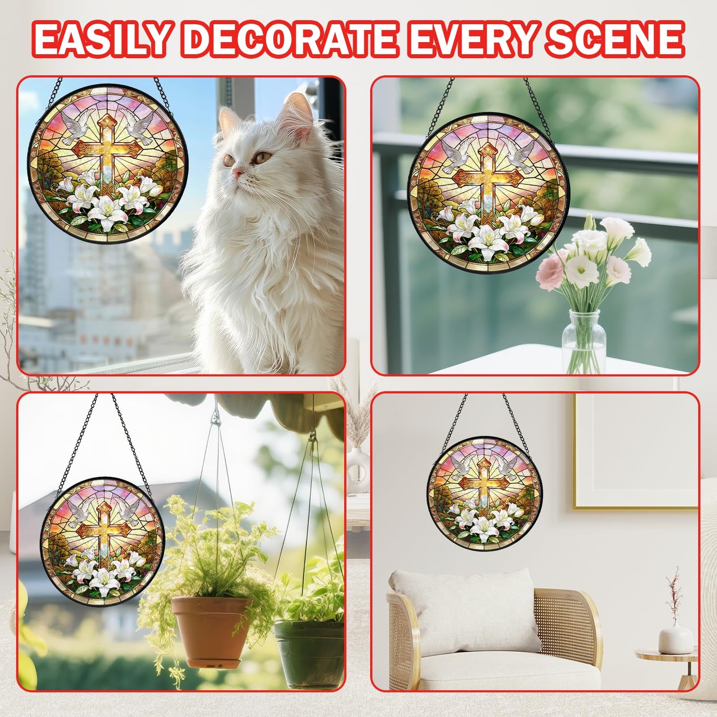 Cross Stained Glass Window Hanging, Flower Suncatcher Diamond Glass Panel Hangings, Sun Catchers Indoor Windows Wall Art Decor, Pastor Christian Gift, for Home Office 7.87 inches