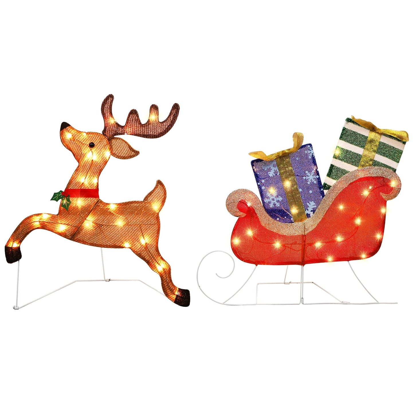 Prsildan Christmas Lighted Decoration 25" x 44" Reindeer, 50 Lights Christmas Reindeer with Sleigh & Gift Boxes, Light up Decorations for Indoor Outdoor Home Kitchen Yard Garden Holiday Party