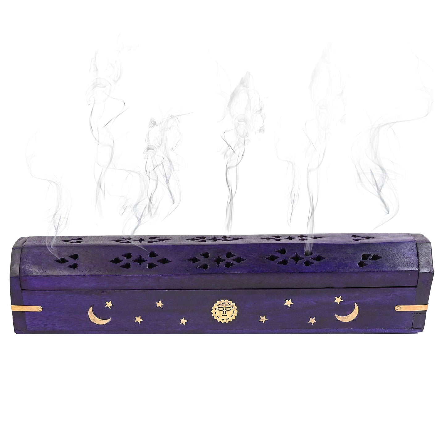 Incense Garden Pack of 2 Incense Stick Holder - Coffin Style - Wood Incense Stick Burner with Sun Moon Star Inlays Handmade with Brass Inlays (Purple)