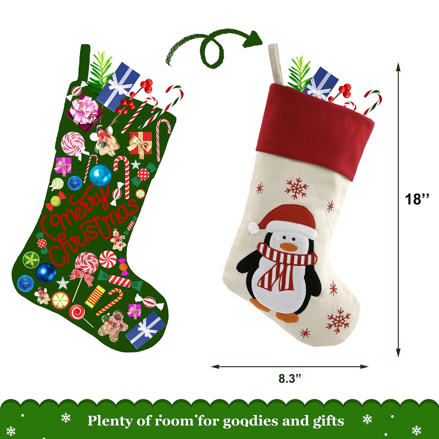 Bstaofy 18'' Rustic Christmas Stockings Set of 4 Felt Santa Reindeer Snowman Penguin Stockings Xmas Tree Ornaments Party Decor for Kids Family