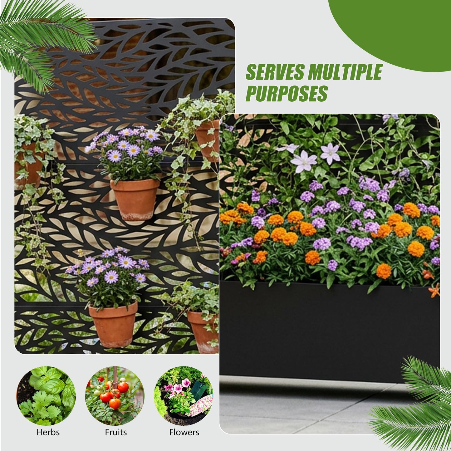 Wooakway 72" H Raised Garden Bed with Trellis and Wheels, Metal Privacy Screen Outdoor Planter Box with Decorative Leaf Pattern, 52 Gal Large Mobile Vertical Planter for Patio, Balcony & Backyard