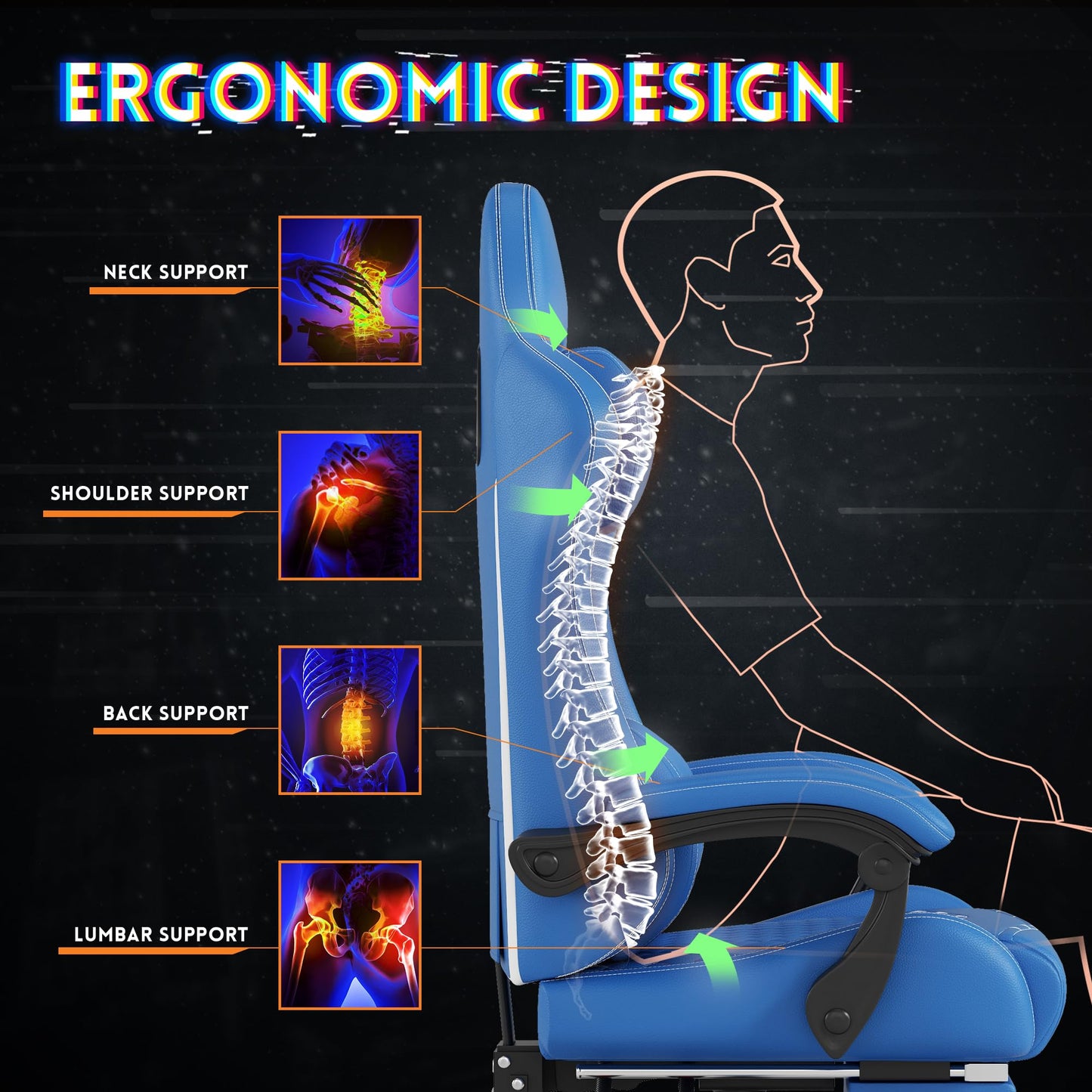 MINOMAC Gaming Chair, 400 lbs Adult Chair, High Back Computer Chair with Footrest and Linked Armrests, Office Video Game Chair with Lumbar Support (Blue)