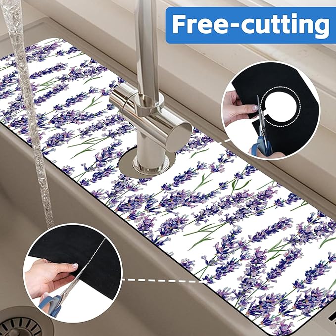 Watercolor Lavender Bunches Kitchen Sink Splash Guard Mat Absorbent Fast Drying