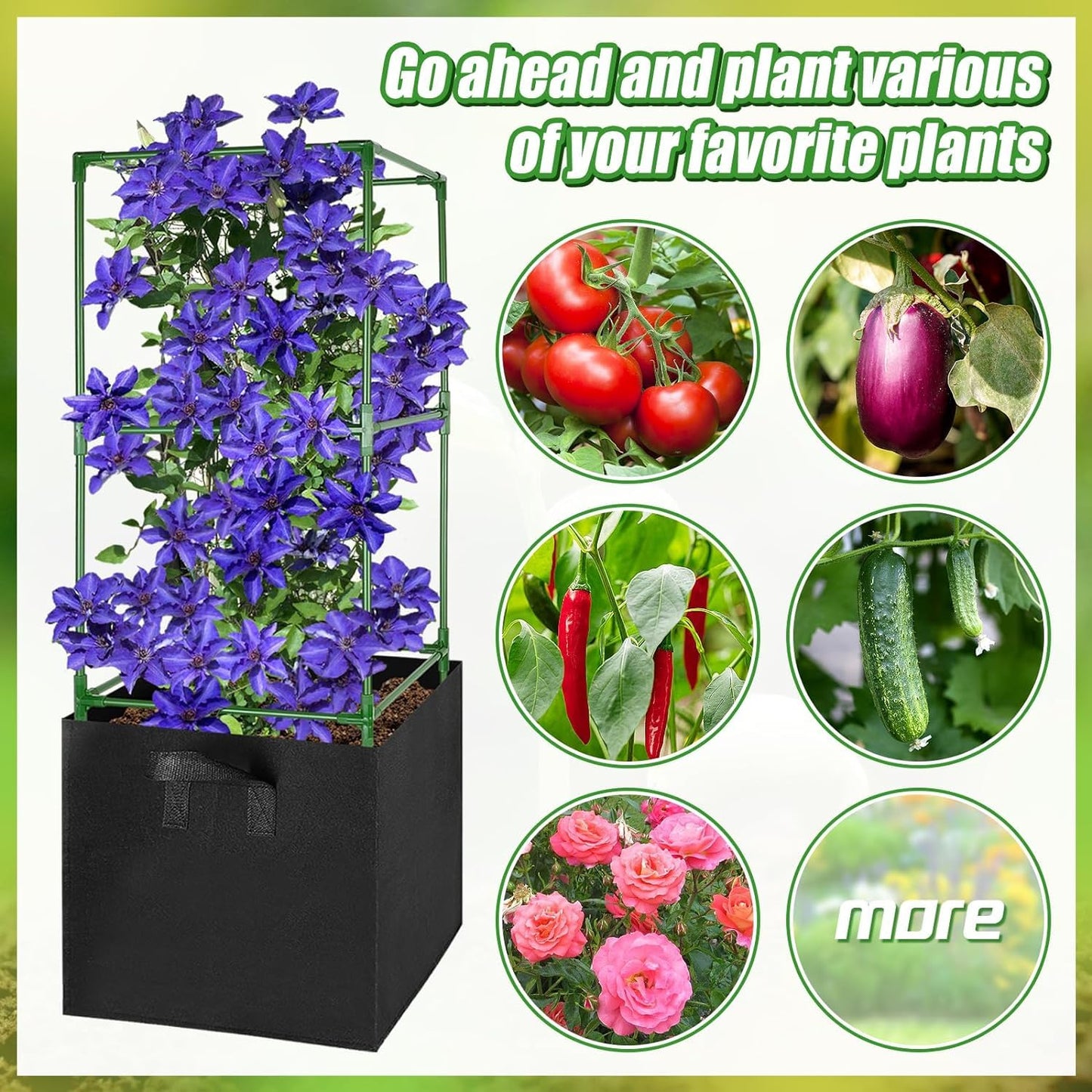 ANPHSIN Sturdy Square Tomato Cage with Movable 17 Gal Grow Bags - 2 Sets 47'' Plants Garden Trellis Planter, Support for Indoor Outdoor, Cucumber, Beans, Peppers, Eggplants, Climbing Vegetables