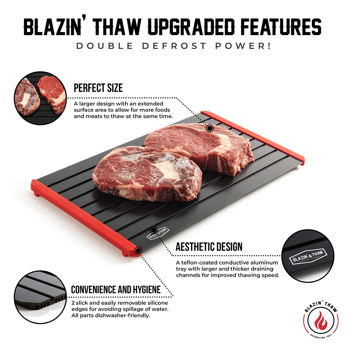 BLAZIN' THAW Defrosting Tray for Frozen Meat | 16" Family-Size | Aluminium Plate for Thawing Frozen Food | Natural Thawing Process | No Microwaves, No Cold/Warm Water Required |