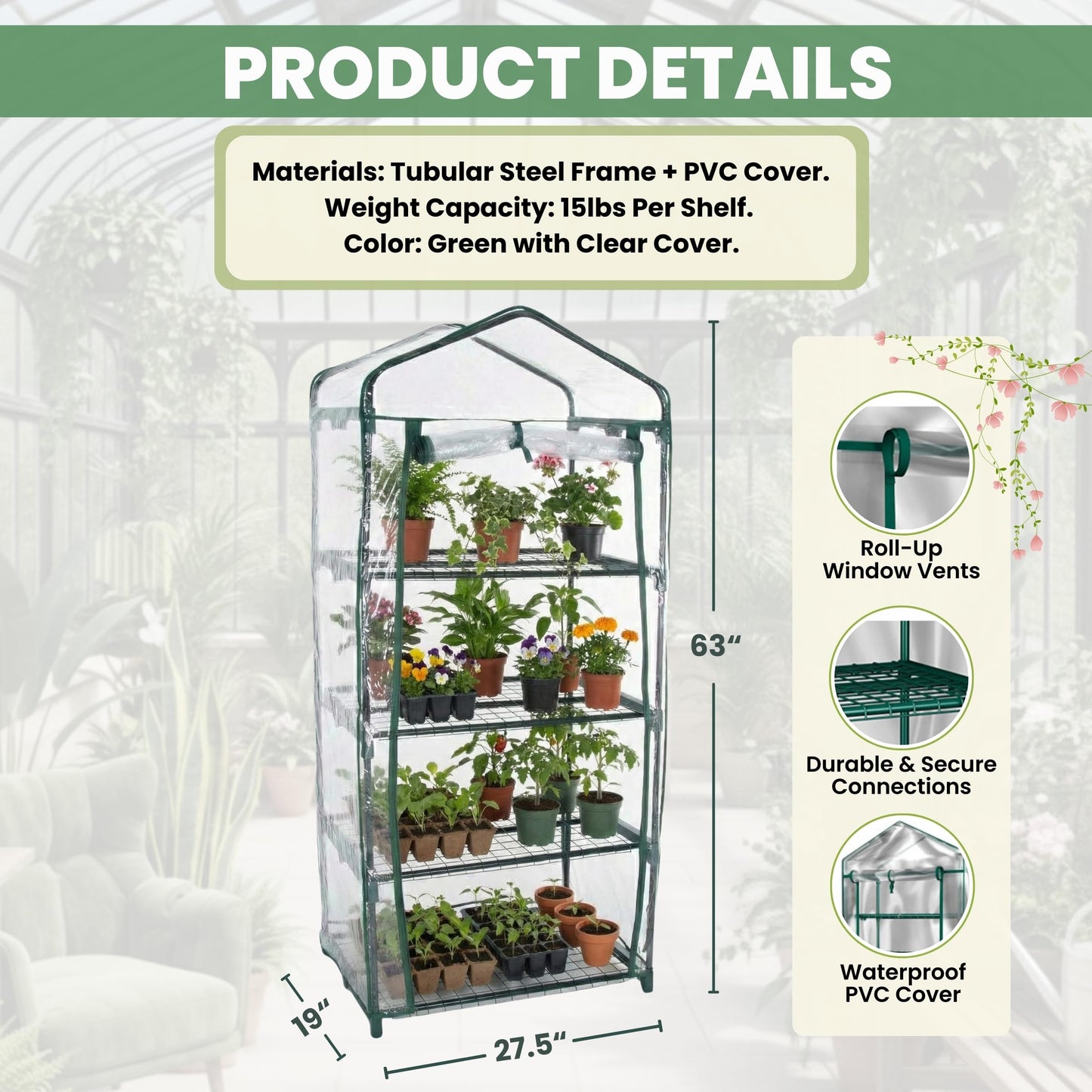 4 Tier Mini Greenhouse - Portable Greenhouse with Rust-Resistant Frame and PVC Cover for Indoor/Outdoor - 27.5x19x63-Inch Green House by Pure Garden