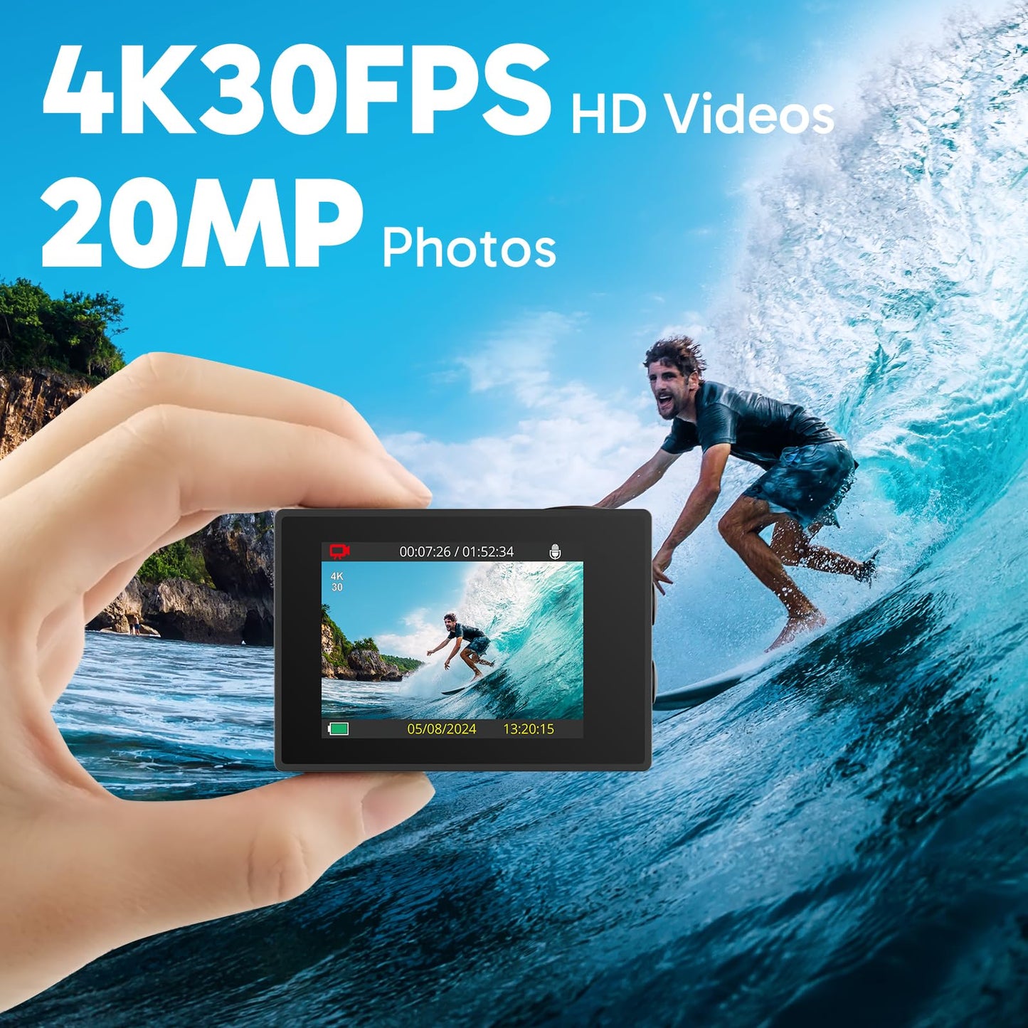 AKASO EK7000 4K30fps 20MP Action Camera EIS Ultra HD 131FT Waterproof Underwater Camera with Waterproof Floating Hand Grip Bundle and Carrying Case Helmet Accessories Kit Bundle