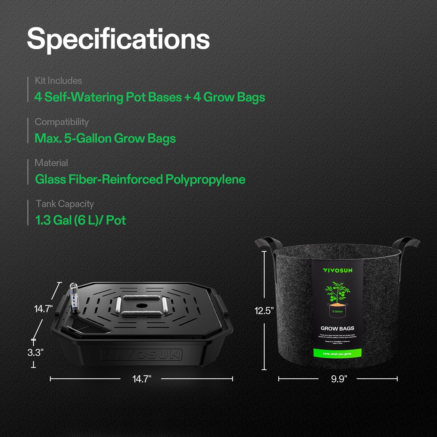 VIVOSUN 4-Pack FlexFeed Self-Watering Pots with Grow Bags, Auto Irrigation Fabric Pot Base with Water Meter & Maintenance Window, for Use Indoors/Outdoors in Grow Tents, Greenhouses, Gardens