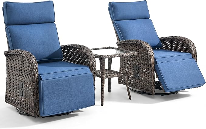 3 Pieces Zero Gravity Patio Swivel Rocking Recliner Chairs Set of 2 - Wicker Outdoor Lounge Chair with Side Table, Adjustable Backrest & Footrest, High Back Outdoor Recliner Chair for Pool Deck Blue