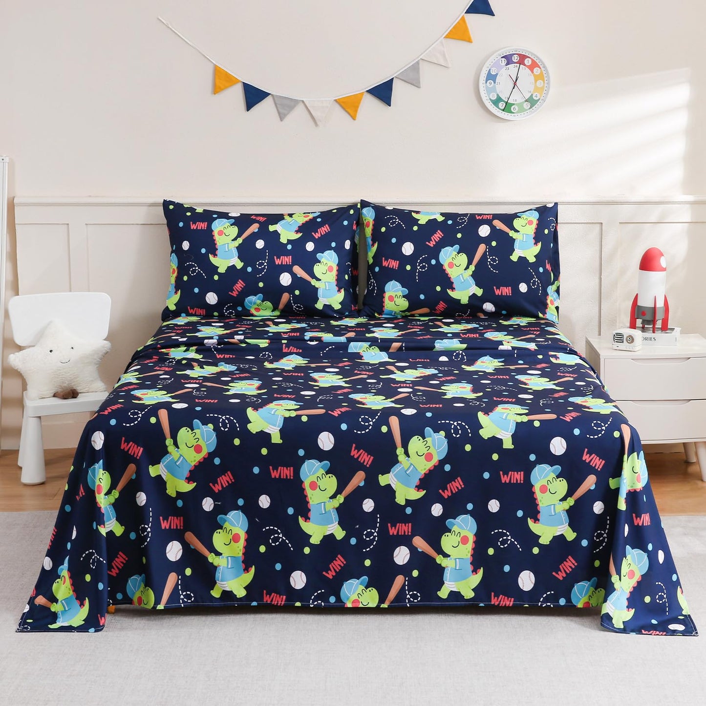 ChicView Queen Sheet Set Kids,4 Pieces Breathable Soft Microfiber Bedsheets for Child Boys Girls, Anti Pilling Deep Pockets Easy Care Bed Sheets, Dino