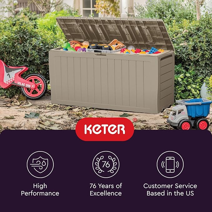 Keter Marvel Plus 71 Gallon Resin Outdoor Storage Box for Patio, Balcony & Garden – Weather‑Resistant Deck Box for Cushions, Pillows, Pool Floats & Tools, Beige