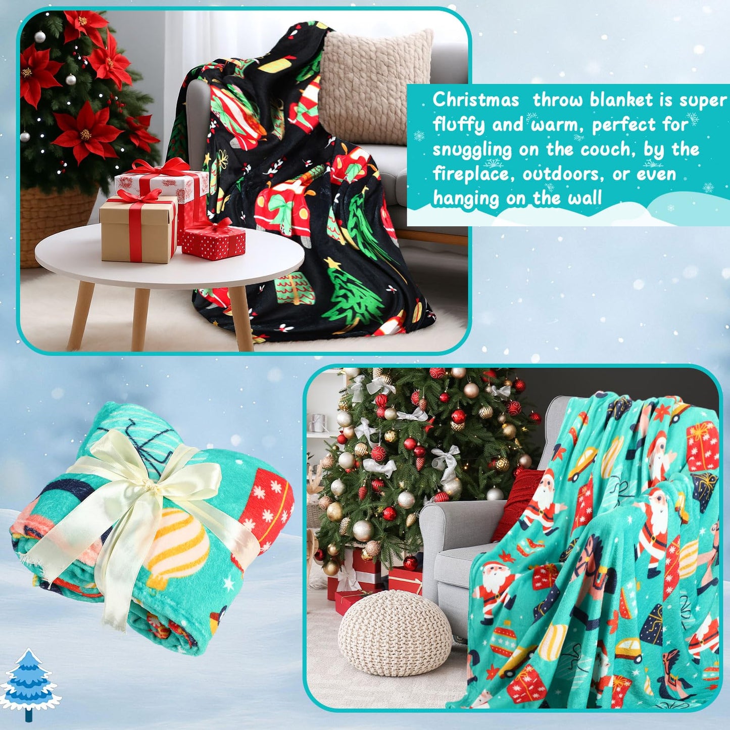 Buryeah 4 Pcs 40 x 50 Inch Christmas Throw Blanket Warm Soft Santa Claus Christmas Tree Gingerbread Plush Blanket Flannel Fleece Throw for Xmas Couch Chair Bedroom Picnic Home Decoration