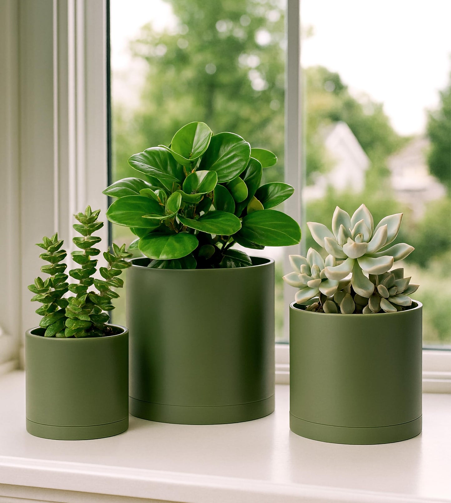 D'vine Dev 4 Inch 5 Inch 6 Inch, Set of 3 Plastic Planter Pots for Plants with Drainage Hole and Seamless Saucers, Olive, Small, 74-V-I-1