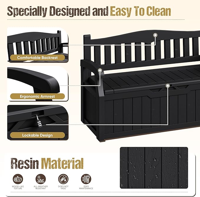 80-Gallon Outdoor Storage Bench, Waterproof Deck Box with Lockable Lid, Dark Black