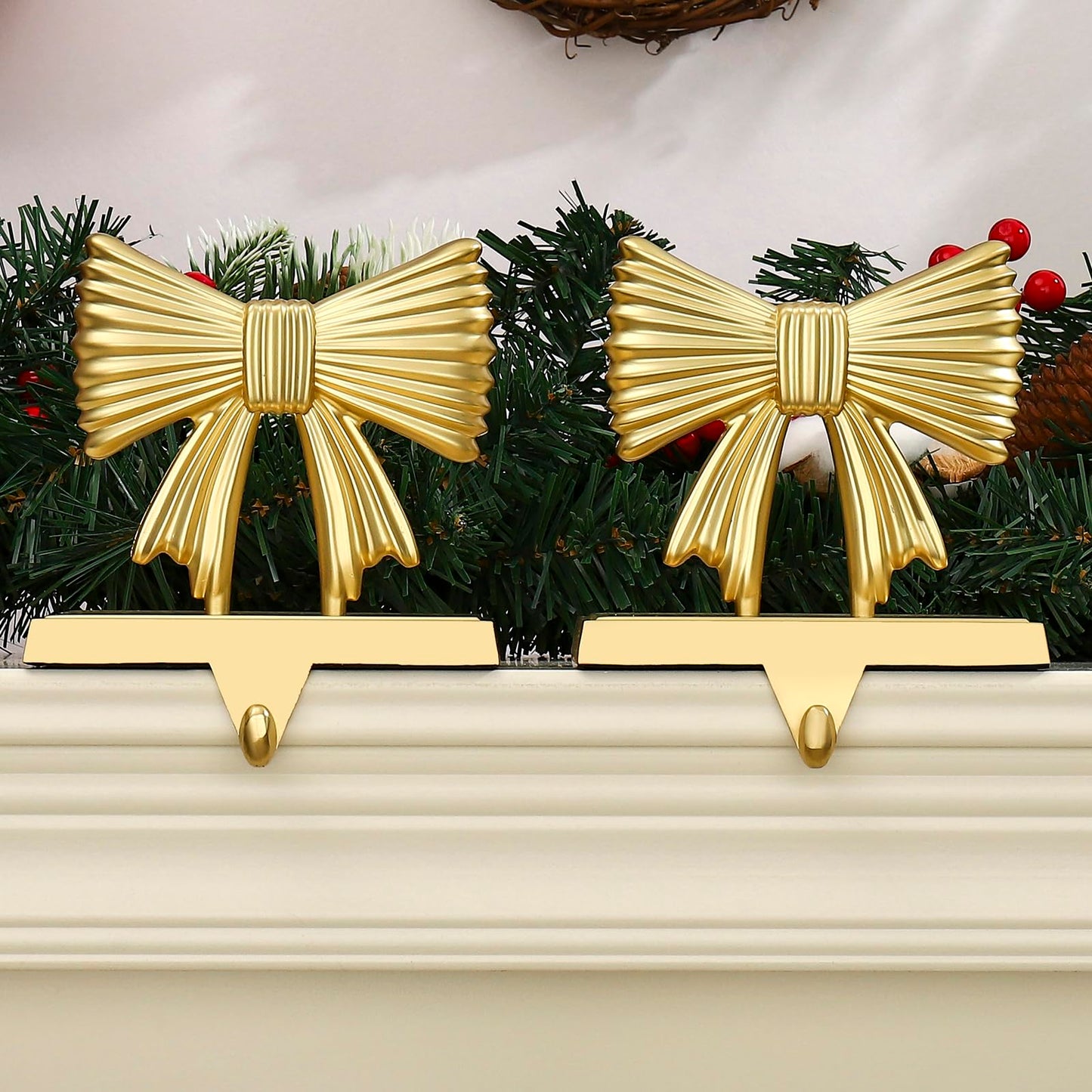 Kersiki Christmas Stocking Holders Set of 2 - Christmas Stocking Holders for Fireplace- Metal Stocking Hanger for Mantel-Stocking Hooks for Christmas Party and Home Decoration (Gold Bowknot)