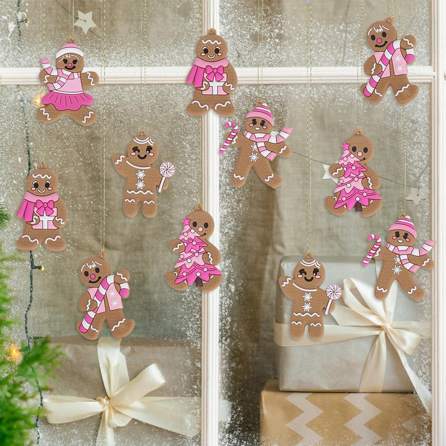 JarThenaAMCS 18Pcs Christmas Hanging Ornament Pink Gingerbread Candy Cane Pendant Charm Cute Tree Wall Hanging Decoration for Xmas Winter Party Supplies