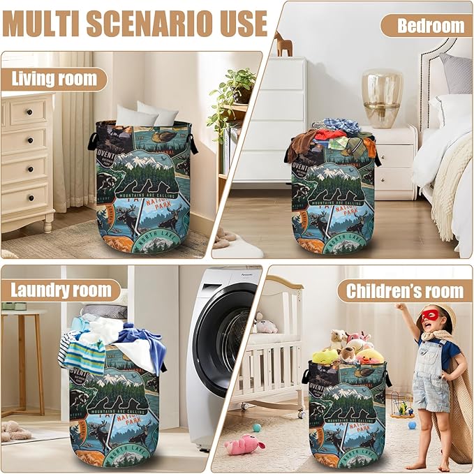 Retro Mountain Bear Laundry Basket, Foldable Wild Animals Laundry Hamper Tote