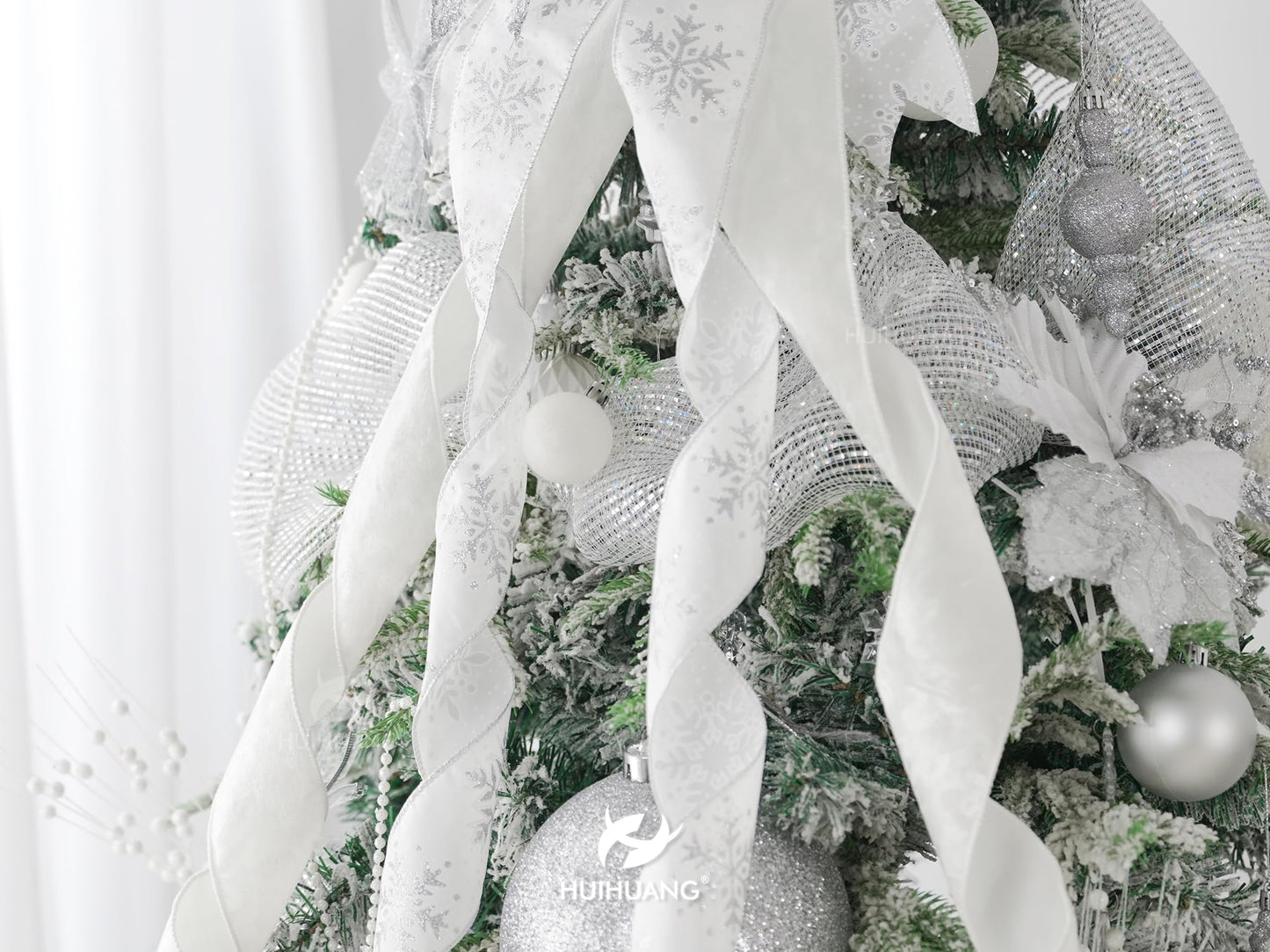 HUIHUANG Silver and White Christmas Tree Topper Bow 13 inch x 45 inch Large Glitter Christmas Bows Snowflake Velvet Bows for Christmas Tree Ornament, Wreaths, Staircase, Mantel, Home Decor