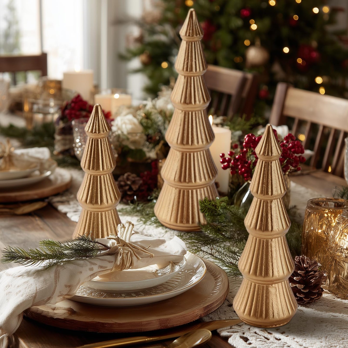 Fivebop Wooden Christmas Tree Figurine, 3 Pcs Tabletop Xmas Tree, Christmas Centerpiece Decor for Home Entryway Mantel Shelf Table Fireplace Holiday (Glod-Wood)