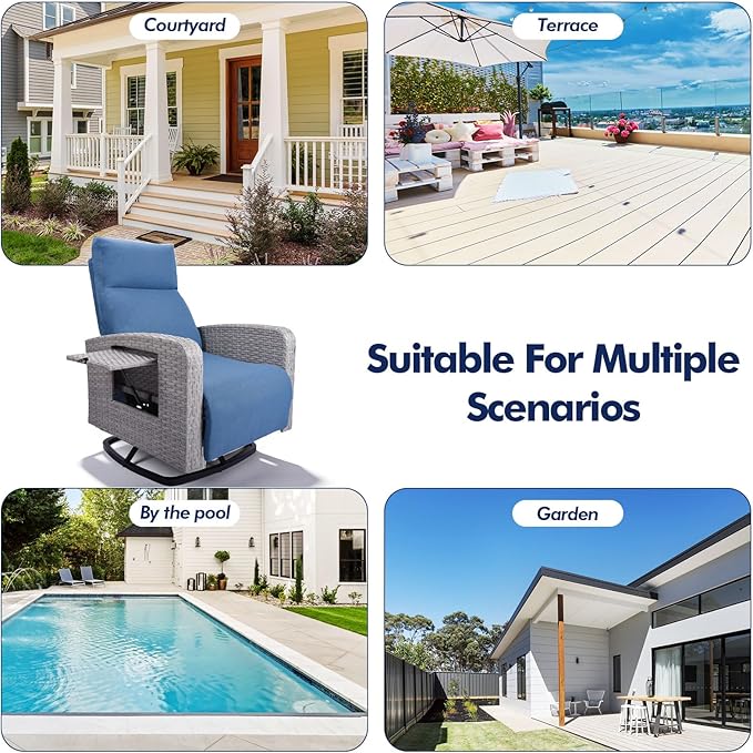 Outdoor Recliner Chair, Wicker Patio Recliners with Adjustable Backrest and Extended Foot Rest, Reclining Patio Chairs with Flip Table & Removable Cushion Cover for Porch