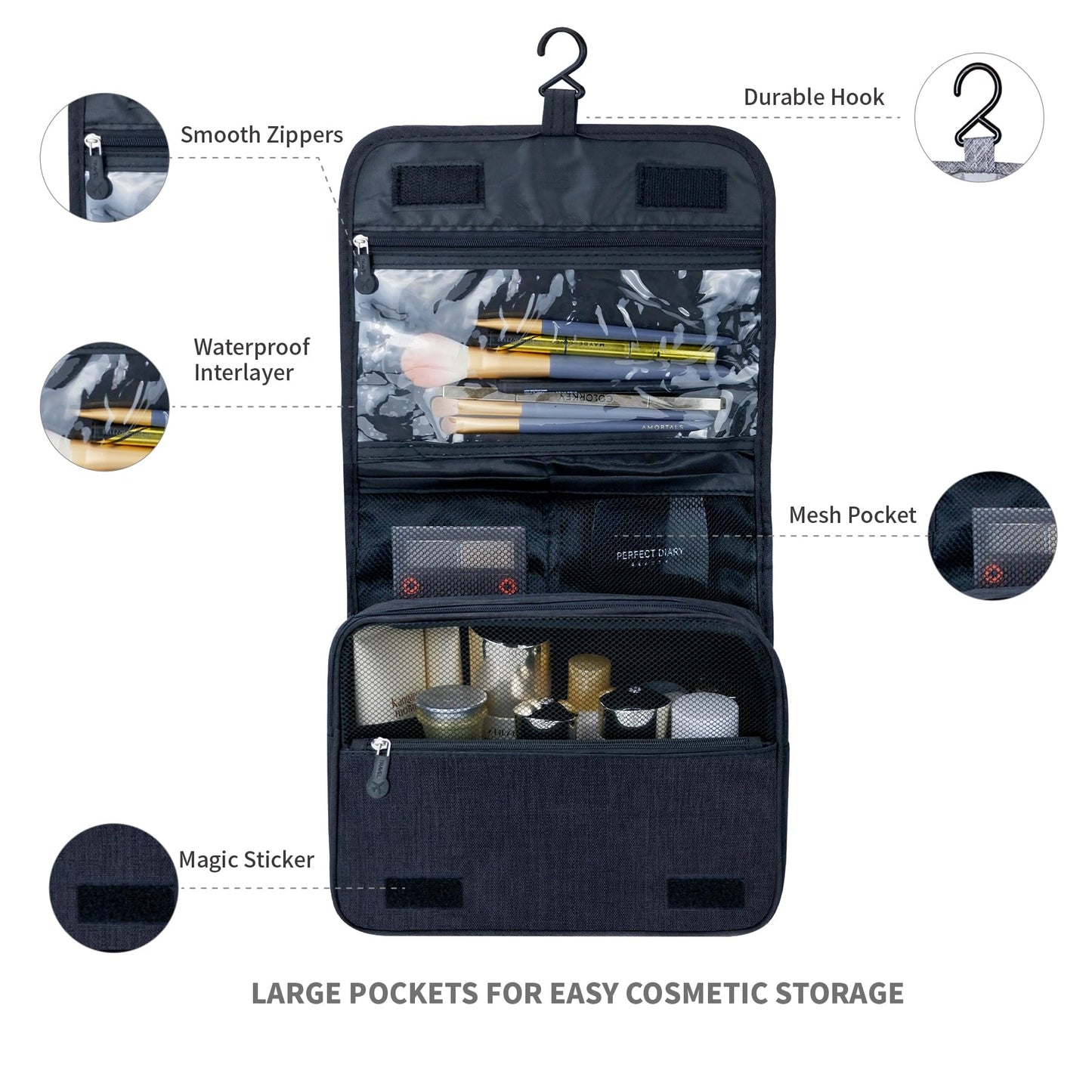 Lcsmaokin Large Capacity Toiletry Bag Travel Bag with Hanging Hook for Men and Women Waterproof Travel Cosmetic Bag Bathroom Storage Bag for Brushes Set,Full-Sized Shampoo,Toiletries,Accessories-Black