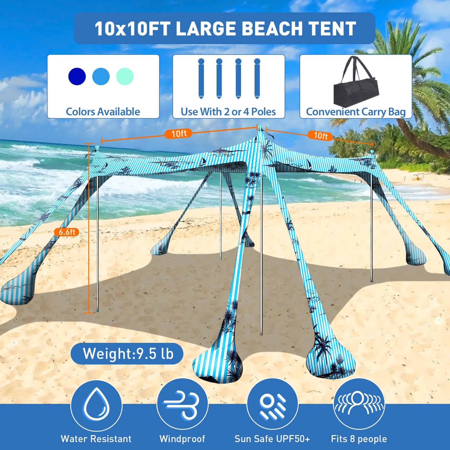 Wabolay Beach Tent Canopy Pop Up Shade 10x10ft Sun Shelter Portable Family UPF50+ with 8 Sandbags-2 Sand Shovel-4 Aluminum Poles-Ground Pegs-Carrying Bag for Outdoor Camping Fishing Backyard Picnic