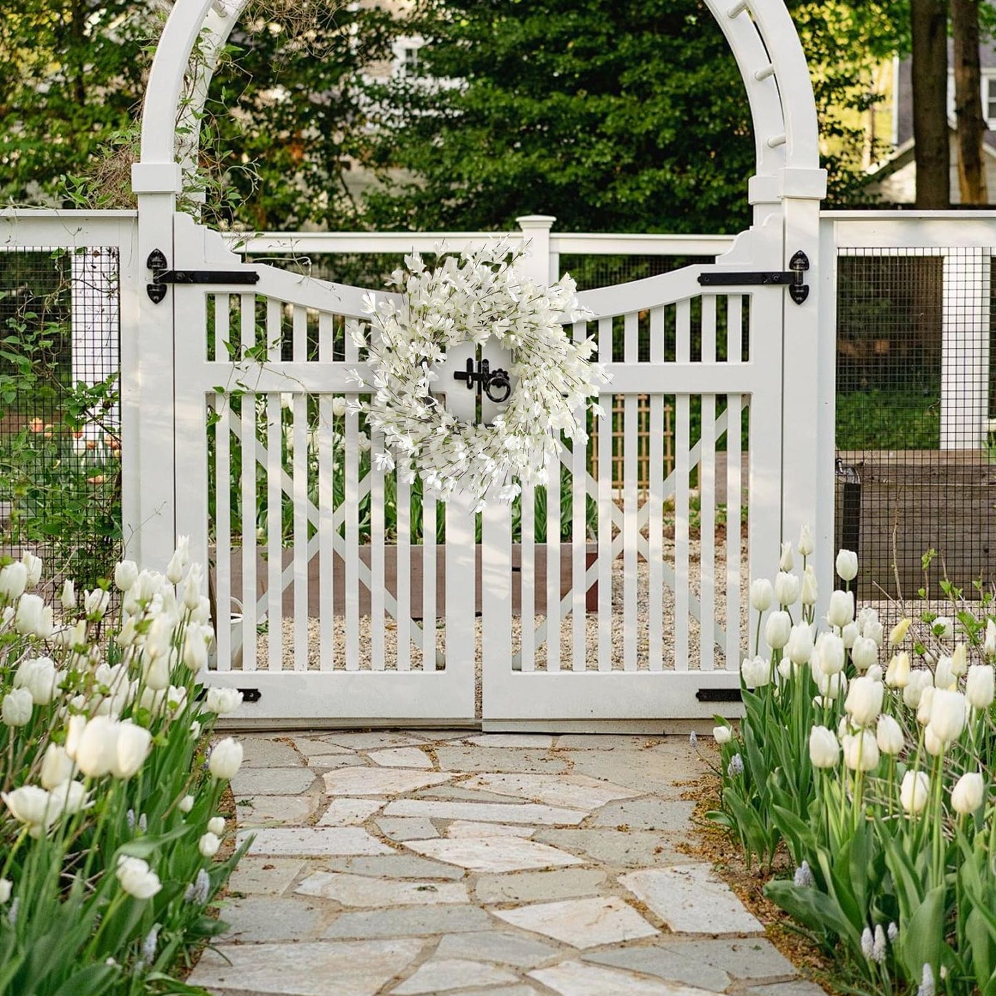 Spring Wreath for Front Door, 24 Inch White Cream Forsythia Spring Wreath Blossom Cluster Flower Farmhouse on Grapevine for Front Door Wall Window Hanging Décor Festival Celebration