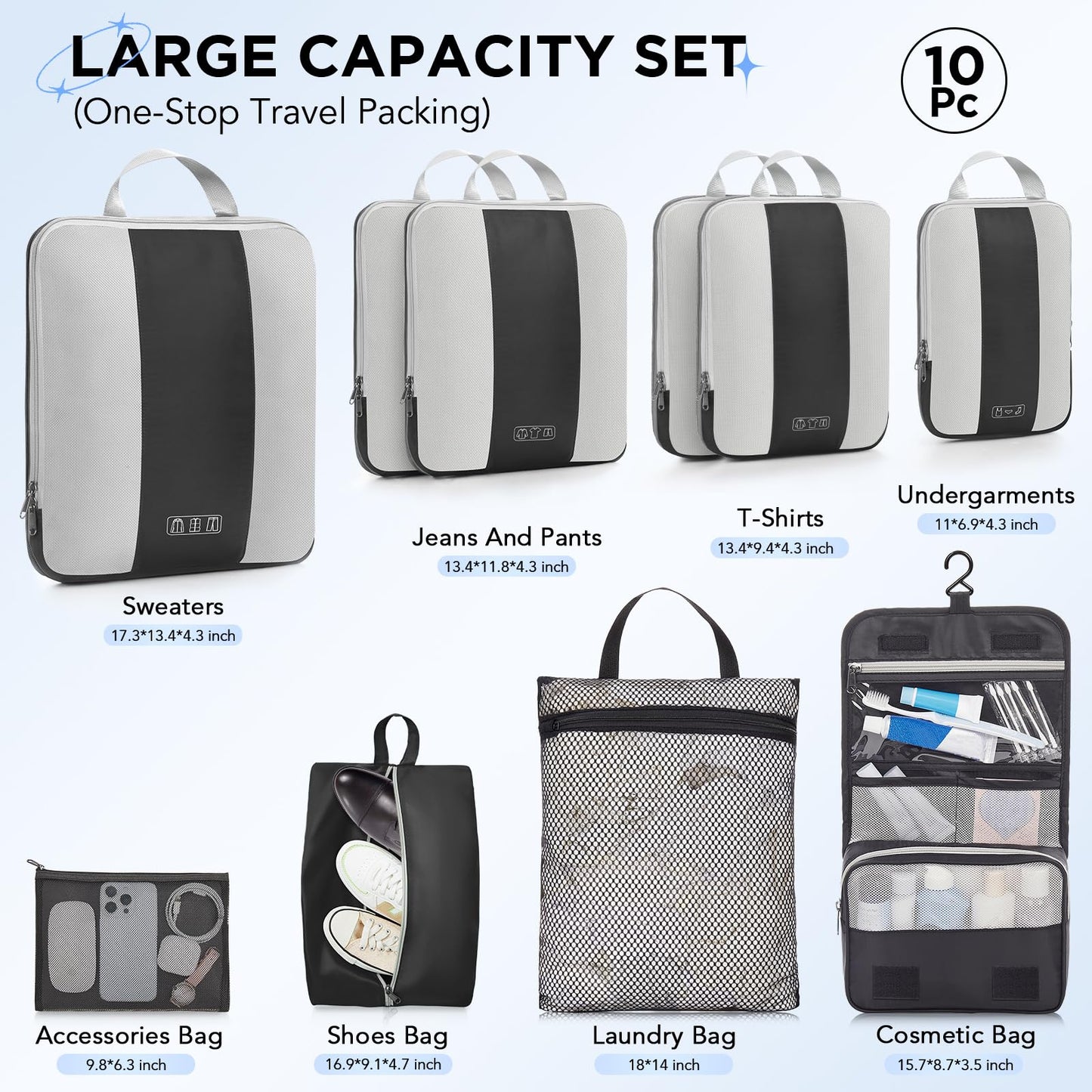 10 Set Compression Packing Cubes for Travel Essentials,Compressible Expandable Packing Cubes for Suitcase,OlarHike Luggage Organizer Bags for Travel,Handy Helper for Organizing Clothes(Black)