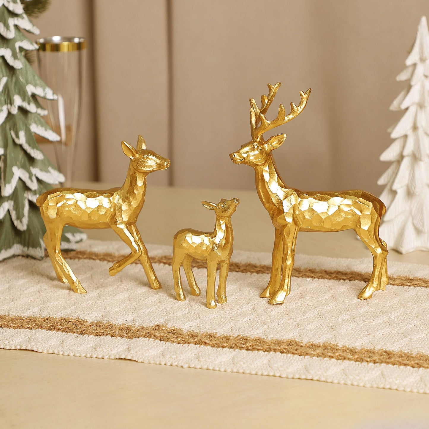 Lulu Home 3 PCS Christmas Tabletop Decorations, Resin Golden Reindeer Family Figurines with Diverse Postures, Xmas Holiday Winter Centerpieces Ornaments for Mantel Shelf Sill Decor(Family)