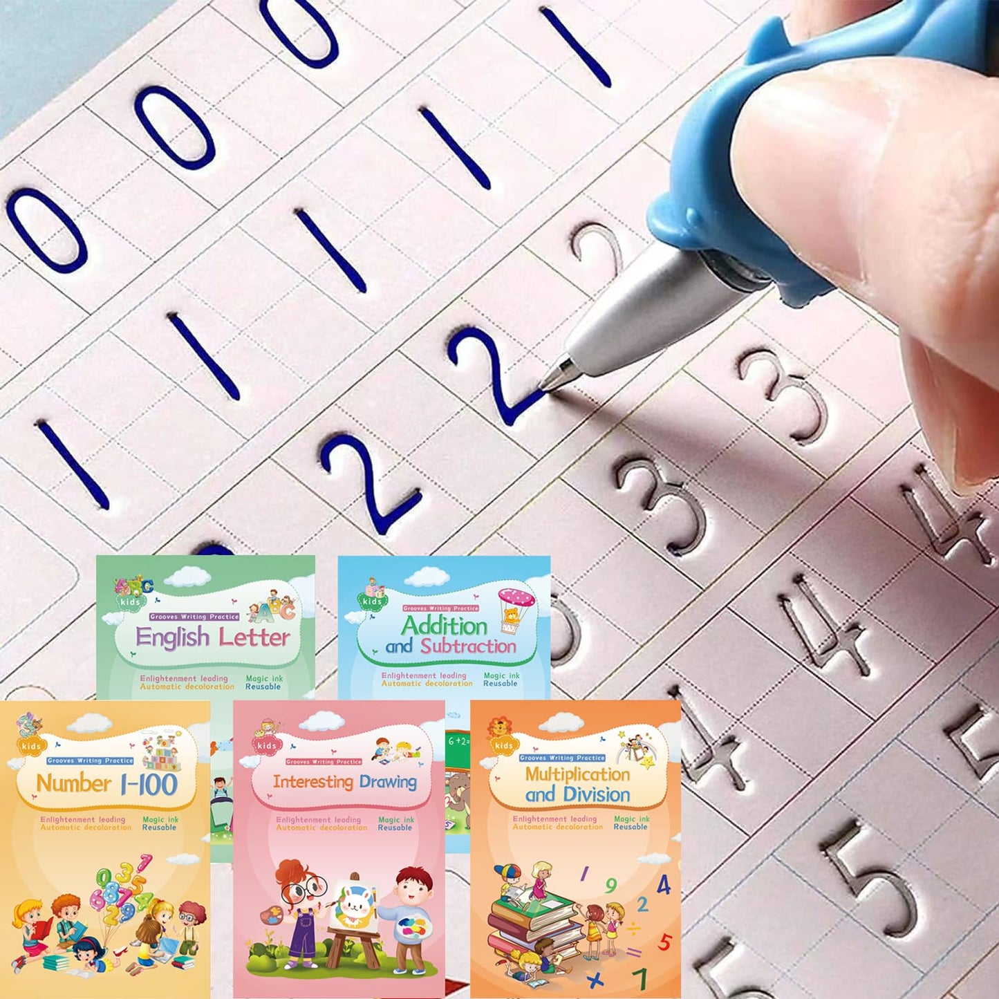 Magical Handwriting Workbooks Practice Copybook, Aid Magic Pen Reusable Grooves Template Design for Children (4 Books, 10.2×7.2 in)