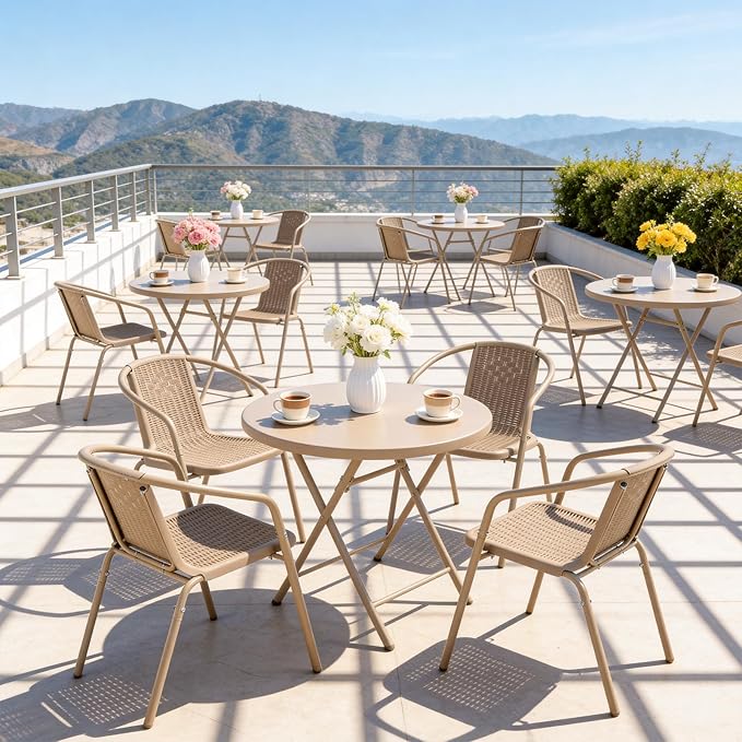 VINGLI PE Rattan Outdoor Dining Chairs Set of 4, Plastic Stackable Patio Chairs for Indoor, Porch, Restaurant, Garden,Champagne