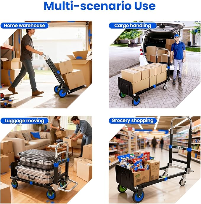 3-in-1 Folding Hand Trucks, 600Lbs Convertible Hand Truck Dolly, Heavy Duty
