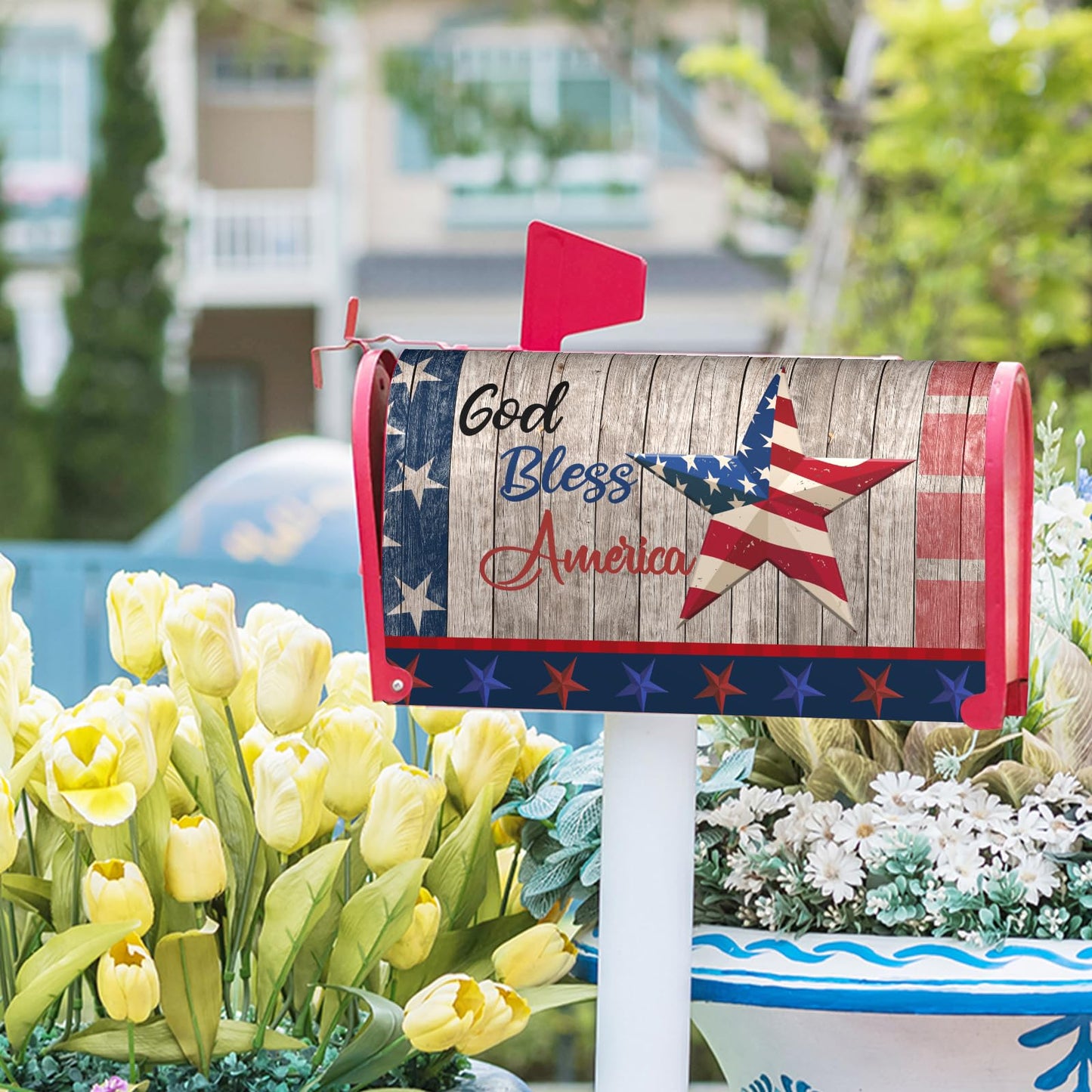 American Flag Patriotic Mailbox Cover Magnetic USA Independence Day Mailbox Cover Standard Size 25.5 x 21 4th of July Memorial Day Mailbox Wrap Post Letter Box Cover Decorative for Home Outdoor Garden