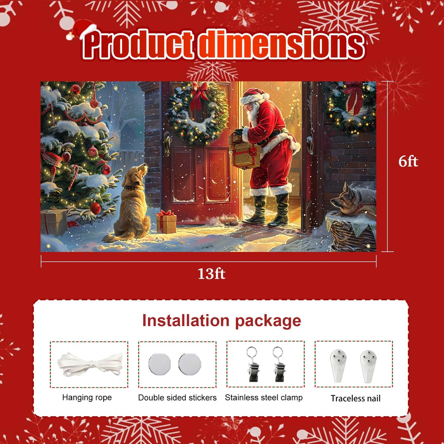 HOMETITUTE Christmas Garage Door Banner 13x6ft Santa with Dogs Gift Scene Holiday Porch Backdrop Red Green Warm Glow Winter Snow Party Decoration Indoor Outdoor Seasonal TreeWall