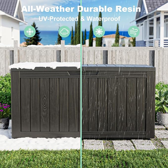 90 Gallon Waterproof Resin Deck Box, UV Resistant Outdoor Storage for Garden, Patio, Porch, Delivery(Black,90 Gallon)