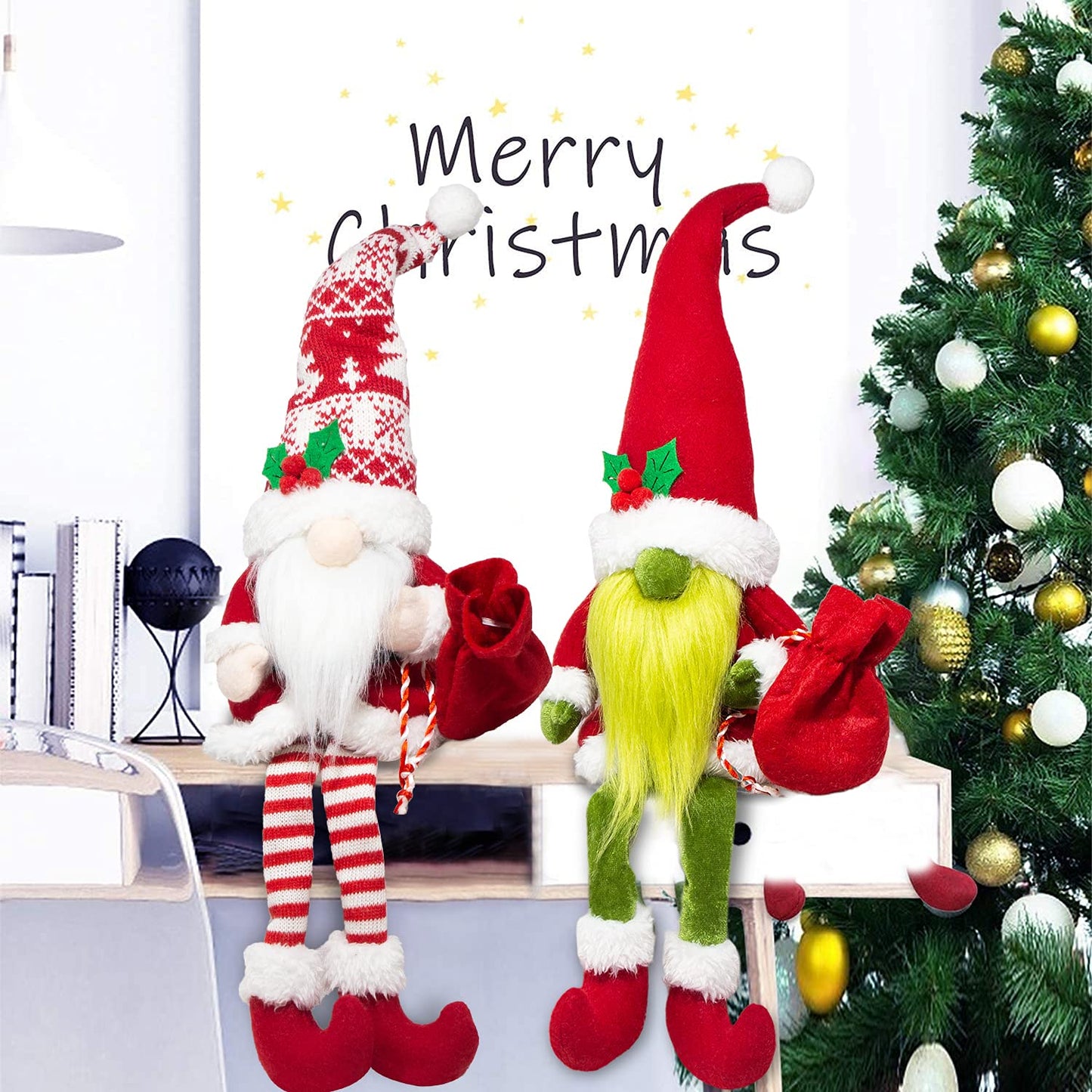BWFY 2PCS Christmas Gnomes Decorations for Home Holiday Party Gifts Elf Santa Gnome Ornaments Tiered Tray Decor